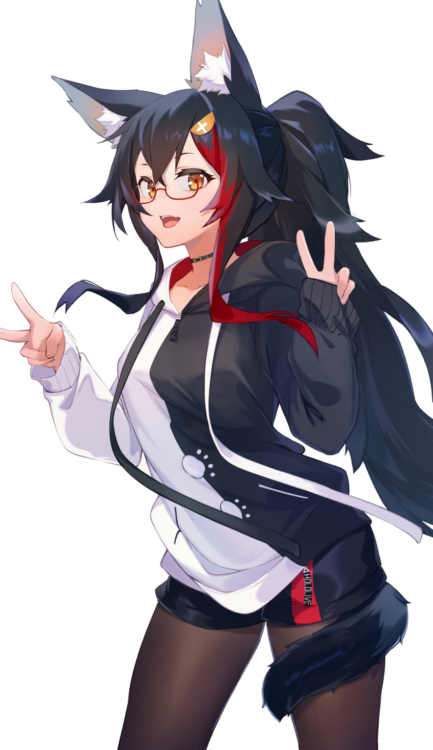 1girl, absurdres, animal_ear_fluff, animal_ears, black_choker, black_hair, black_hoodie, black_legwear, black_shorts, blush, breasts, choker, commentary, cowboy_shot, double_v, glasses, hair_between_eyes, hair_ornament, highres, hololive, hood, hoodie, long_hair, long_sleeves, looking_at_viewer, medium_breasts, multicolored_hair, ninsaki_(9saki), ookami_mio, open_mouth, orange_eyes, pantyhose, paw_print_pattern, ponytail, red-framed_eyewear, redhead, semi-rimless_eyewear, short_shorts, shorts, sidelocks, simple_background, smile, solo, streaked_hair, tail, tail_around_leg, two-tone_hair, two-tone_hoodie, v, virtual_youtuber, white_background, white_hoodie, wolf_ears, wolf_tail