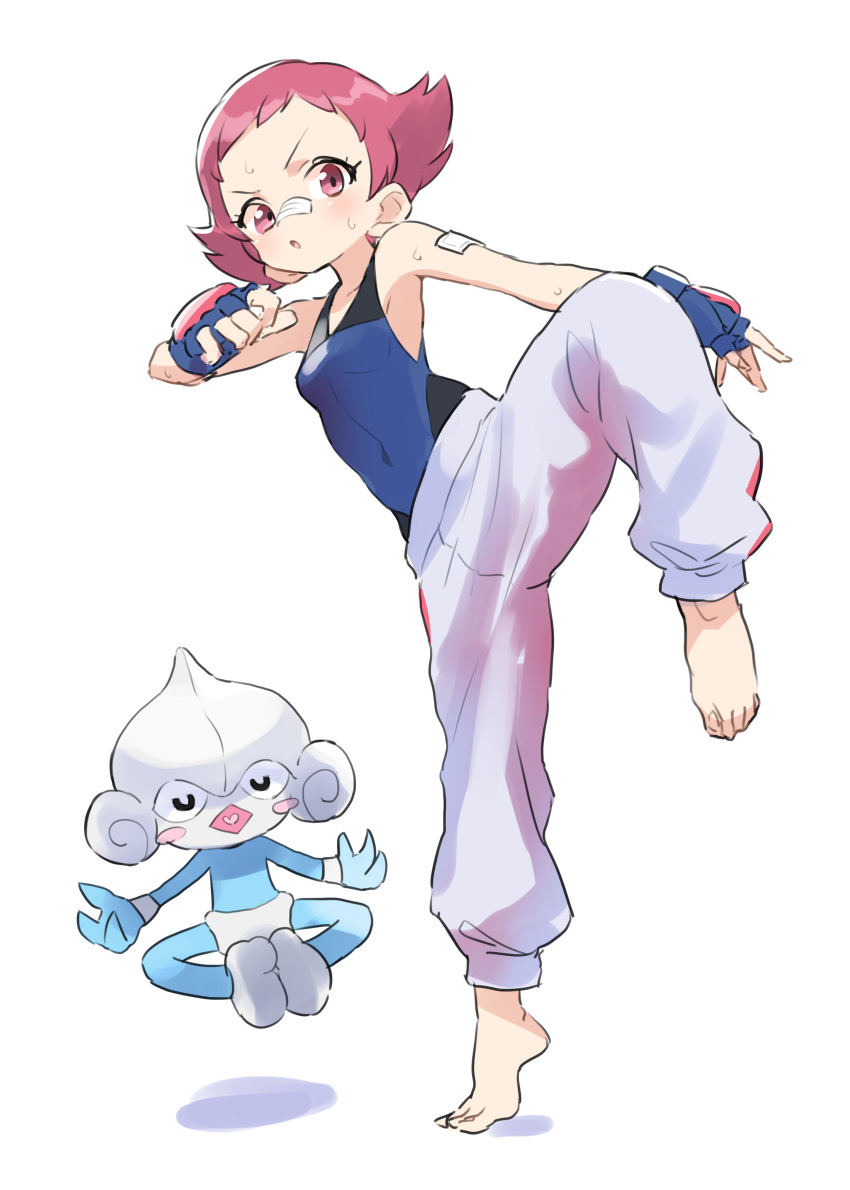 1girl, :o, absurdres, bandaid, bandaid_on_arm, bandaid_on_nose, barefoot, blue_gloves
