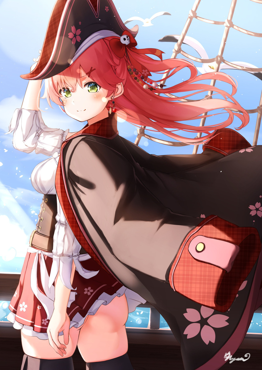 >:), 1girl, absurdres, adapted_costume, ass, bangs, bicorne, bird