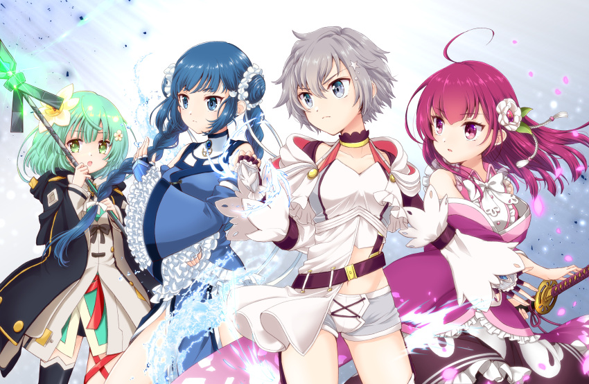 4girls, ahoge, belt, blue_eyes, blue_hair, braid, chiwa_(chiwawanwan1206), chun_meiyui