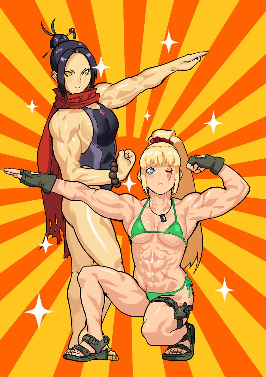 2girls, abs, bangs, biceps, bikini, blonde_hair, blue_eyes, breasts
