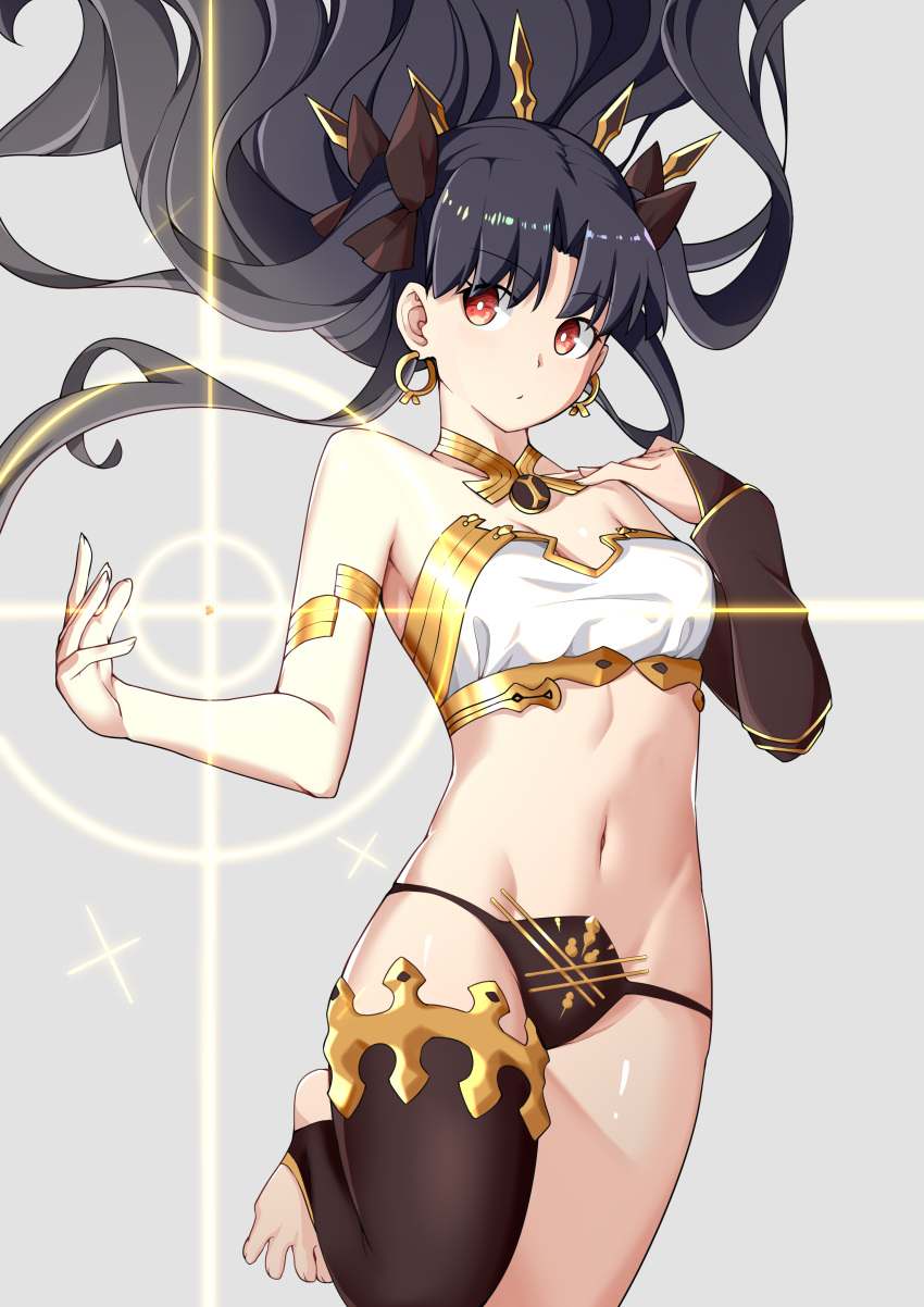 1girl, absurdres, armlet, detached_sleeves, earrings, fate/grand_order, fate_(series), hair_ribbon, heartpark, highres, ishtar_(fate)_(all), ishtar_(fate/grand_order), jewelry, long_hair, looking_at_viewer, navel, red_eyes, ribbon, single_detached_sleeve, single_thighhigh, solo, thigh-highs, tiara, twintails, two_side_up