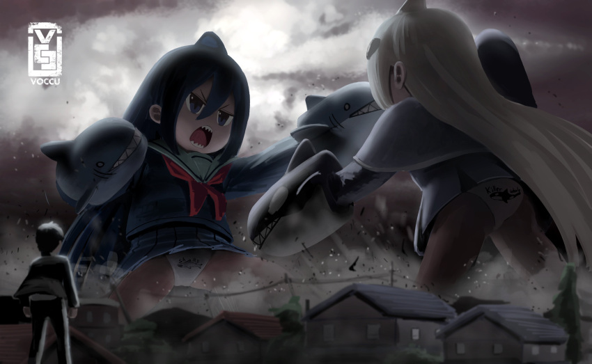 1boy, 2girls, absurdres, animal_print, artist_logo, artist_name, ass, bangs, blouse, blue_blouse, blue_eyes, blue_hair, blue_skirt, borrowed_character, building, commentary, destruction, english_commentary, fighting, fish_print, frown, giant, giantess, glaring, grey_sky, hair_between_eyes, hand_puppet, highres, kaijuu, long_hair, long_sleeves, looking_at_another, miniskirt, multiple_girls, neckerchief, open_mouth, original, overcast, panties, panties_under_pantyhose, pantyhose, pantyshot, pleated_skirt, power_lines, print_panties, puppet, red_neckwear, romaji_text, sailor_collar, school_uniform, serafuku, shark_fin, shark_girl_(yukimoto_shuuji), shark_print, sharp_teeth, silver_hair, skirt, standing, teeth, umitsuki_natsuzou, underwear, utility_pole, v-shaped_eyebrows, very_long_hair, voc, whale_print, white_sailor_collar
