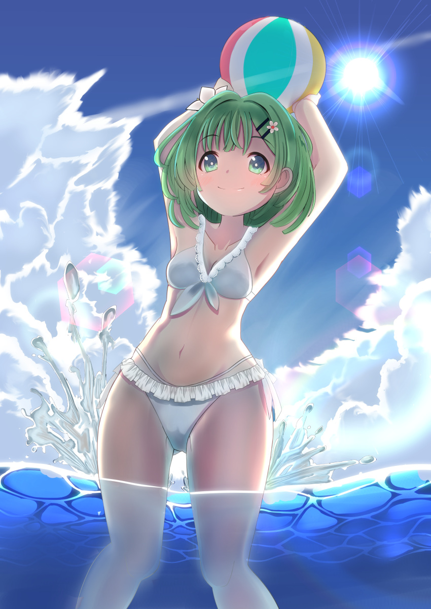 absurdres, armpits, arms_up, blue_hair, breasts, clouds, collarbone, efu_(ehutan)