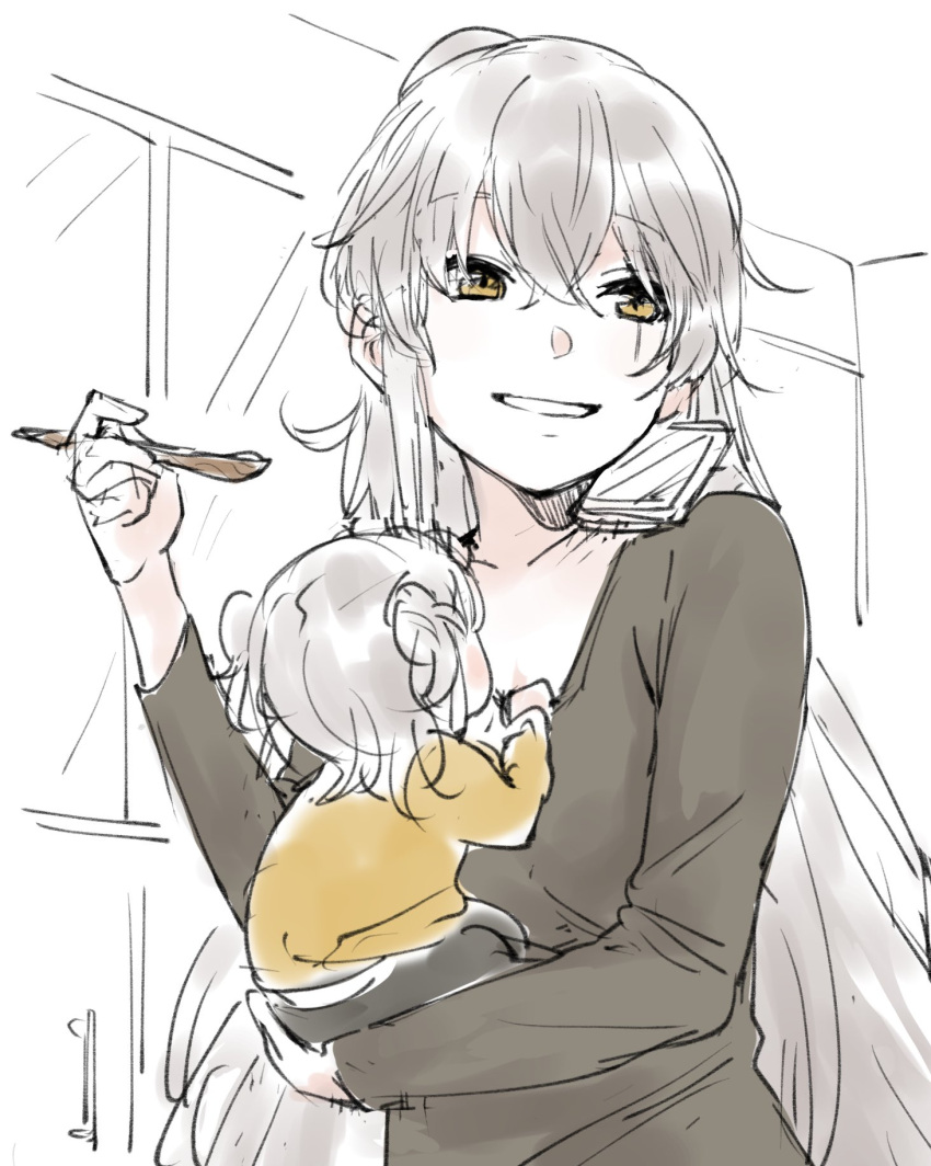 1girl, baby, black_shirt, commentary_request, girls_frontline, grey_hair, hair_between_eyes, highres, holding, holding_baby, holding_spoon, long_hair, long_sleeves, mother_and_child, scar, scar_across_eye, shinoe_nun, shirt, sketch, smile, spoon, ump45_(girls_frontline), very_long_hair, yellow_eyes