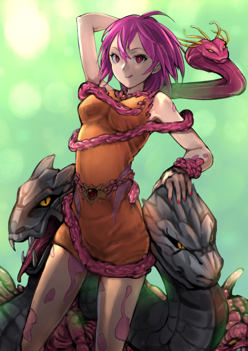 1girl, animal, arm_up, arms_behind_back, bangs, bare_shoulders, breasts, chienon