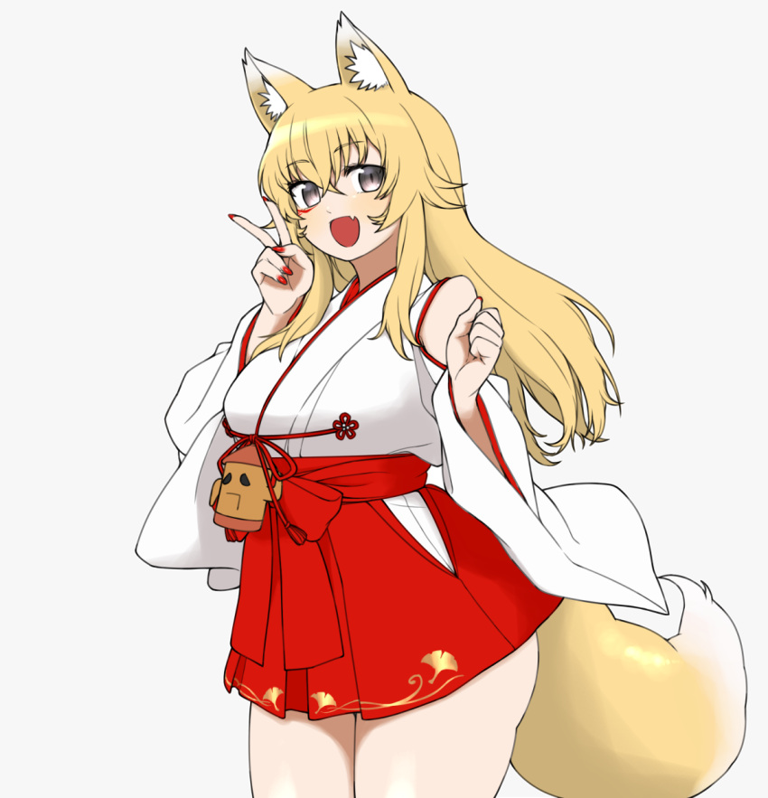 1girl, :d, animal_crossing, animal_ear_fluff, animal_ears, bangs, bare_shoulders, blonde_hair, cowboy_shot, crossed_bangs, eyebrows_visible_through_hair, facing_away, fang, fingernails, fox_ears, fox_girl, fox_tail, grey_eyes, gyroid, gyroid_(animal_crossing), hair_between_eyes, hakama, hakama_skirt, hands_up, highres, inari_miko, indie_virtual_youtuber, japanese_clothes, legs_together, lewis, long_hair, long_sleeves, miko, nail_polish, open_mouth, red_hakama, red_nails, simple_background, skin_fang, smile, solo, tail, thighs, v, virtual_youtuber, white_background, wide_sleeves