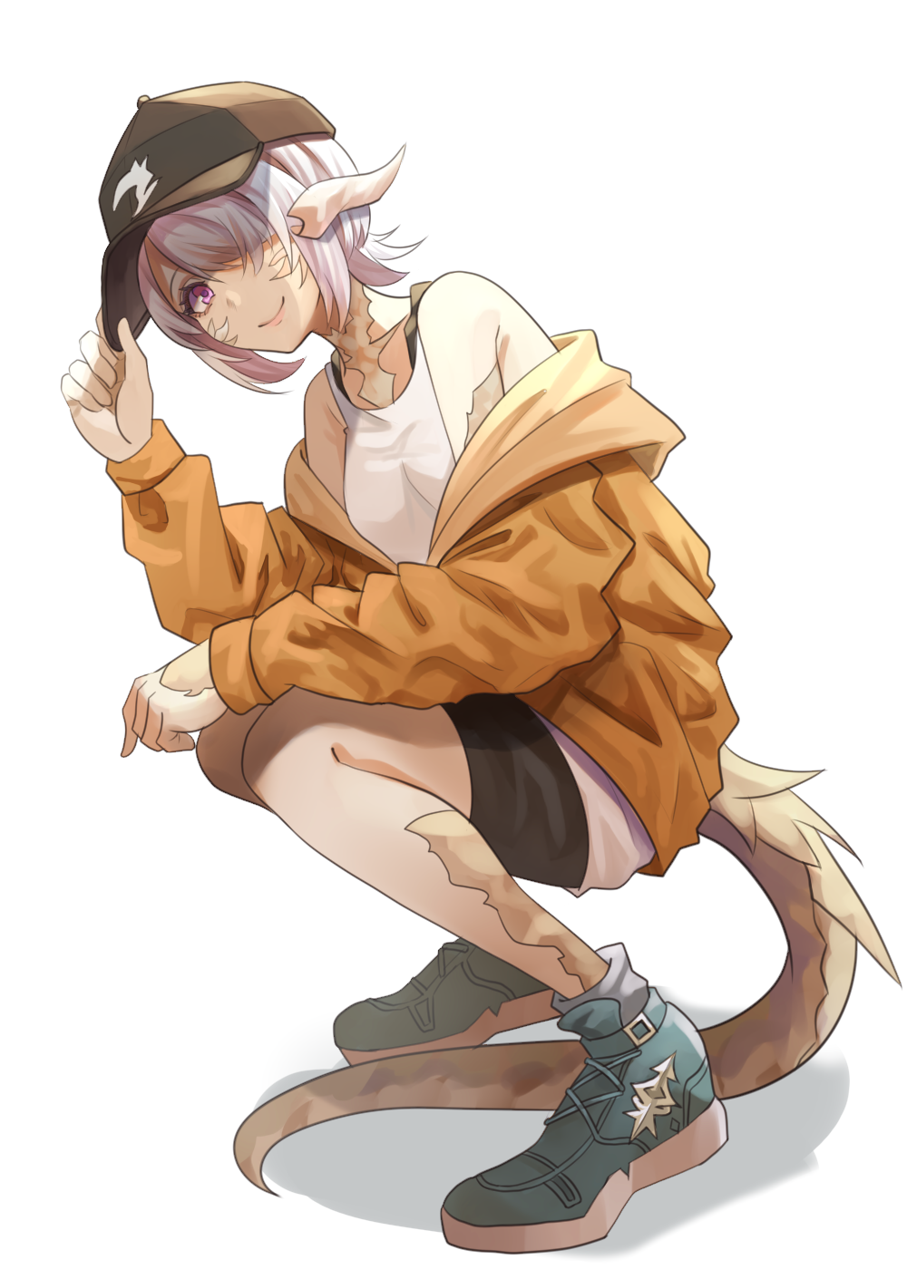1girl, au_ra, contemporary, dragon_horns, dragon_tail, final_fantasy, final_fantasy_xiv, hair_over_one_eye