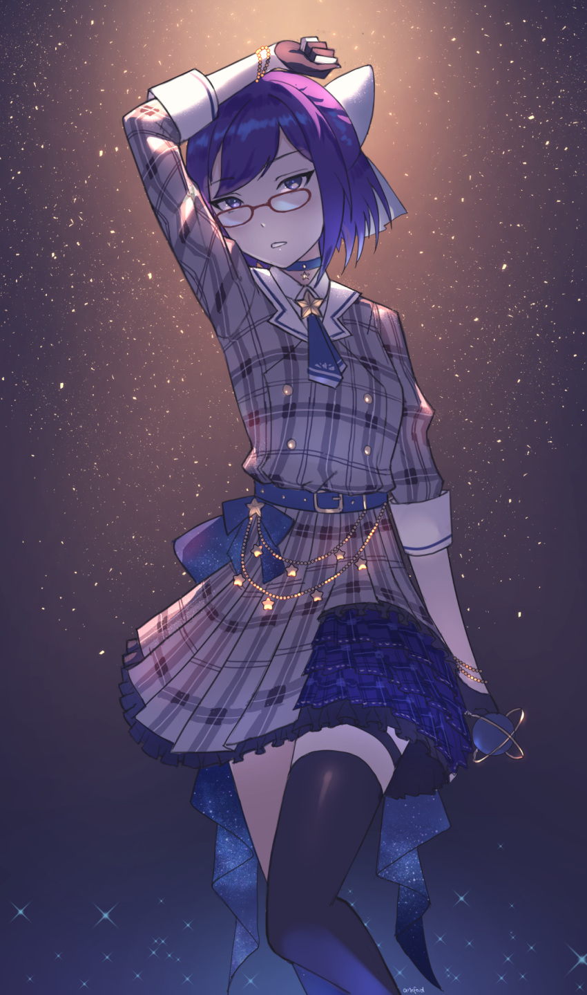 1girl, ark_ford, arm_over_head, artist_name, asymmetrical_legwear, belt, black_gloves, black_legwear