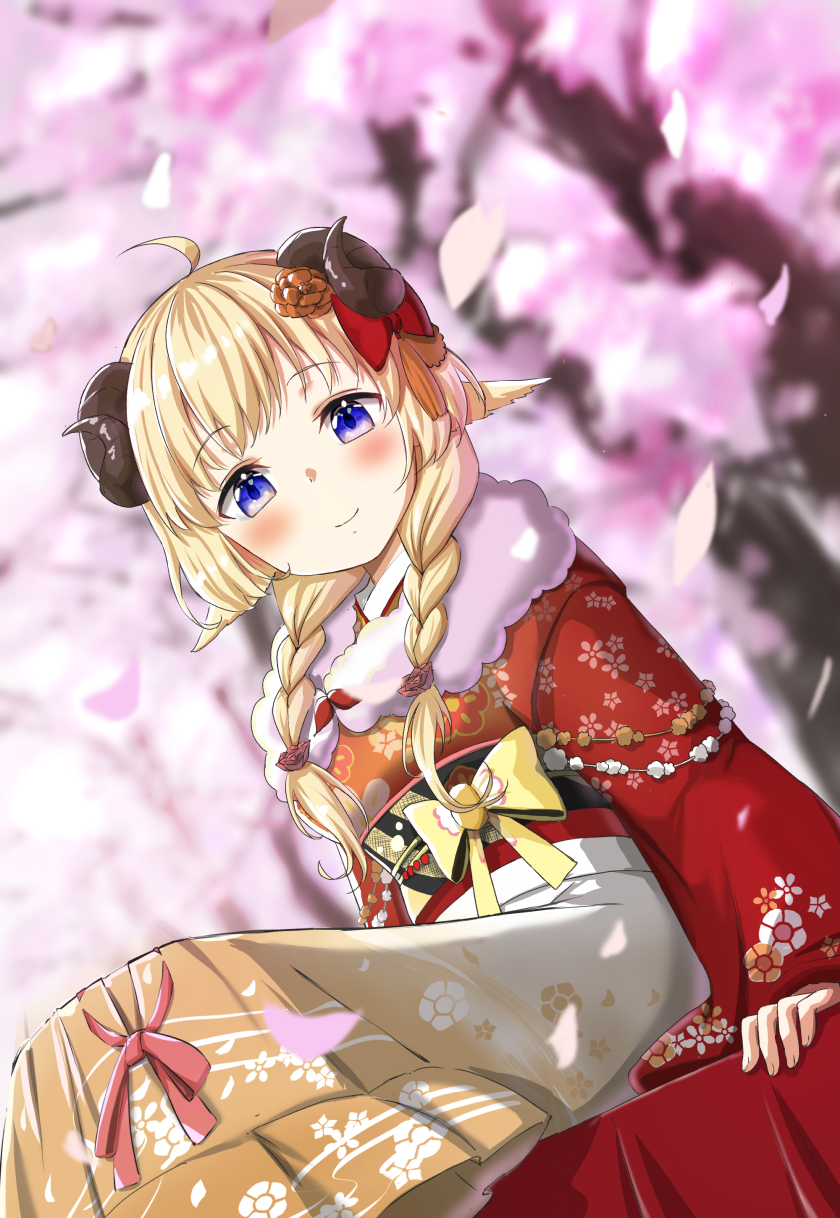 1girl, ahoge, animal_ears, blonde_hair, blue_eyes, blush, bow, braid