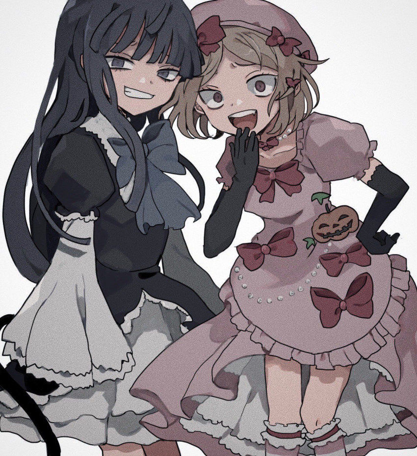 2girls, bead_necklace, beads, black_gloves, blue_eyes, blue_hair, blue_ribbon, bow