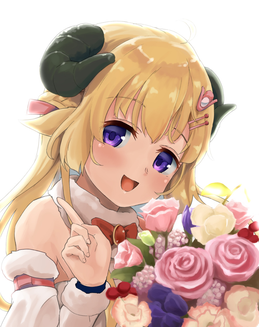 1girl, animal_ears, bangs, blonde_hair, bow, commentary_request, curled_horns, detached_sleeves