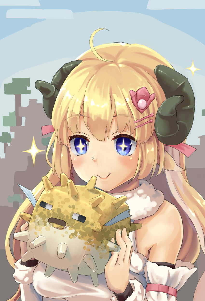 +_+, 1girl, absurdres, ahoge, animal, animal_ears, bangs, blonde_hair