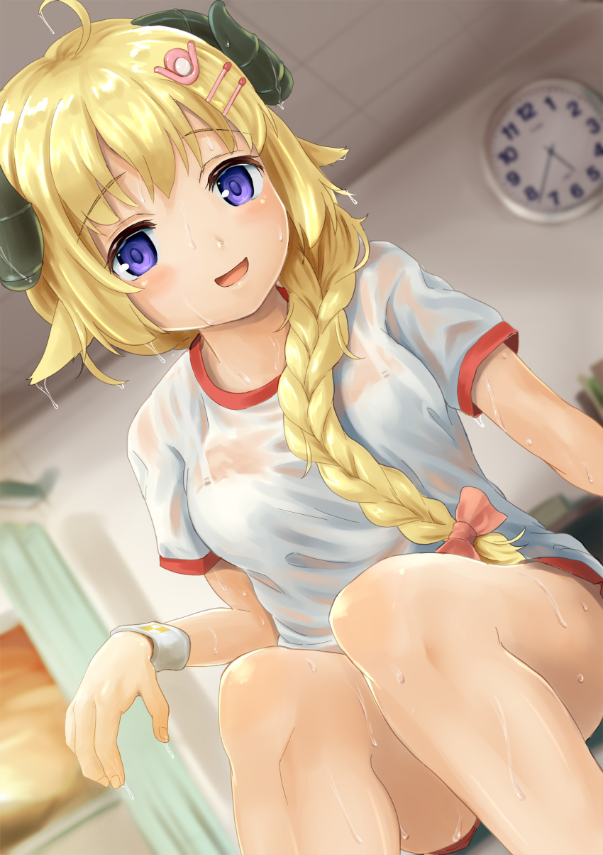 1girl, :d, absurdres, animal_ears, bangs, blonde_hair, blurry, blurry_background, blush, bow, bra, braid, breasts, clock, curled_horns, depth_of_field, dutch_angle, eyebrows_visible_through_hair, feet_out_of_frame, gym_shirt, gym_shorts, gym_uniform, hair_bow, hair_over_shoulder, highres, hololive, horns, indoors, long_hair, looking_at_viewer, medium_breasts, ohiensis, open_mouth, pink_bow, red_shorts, see-through, sheep_ears, sheep_girl, sheep_horns, shirt, short_shorts, short_sleeves, shorts, single_braid, sitting, smile, solo, sweat, tsunomaki_watame, underwear, very_long_hair, violet_eyes, virtual_youtuber, wall_clock, wet, wet_clothes, wet_shirt, white_bra, wristband