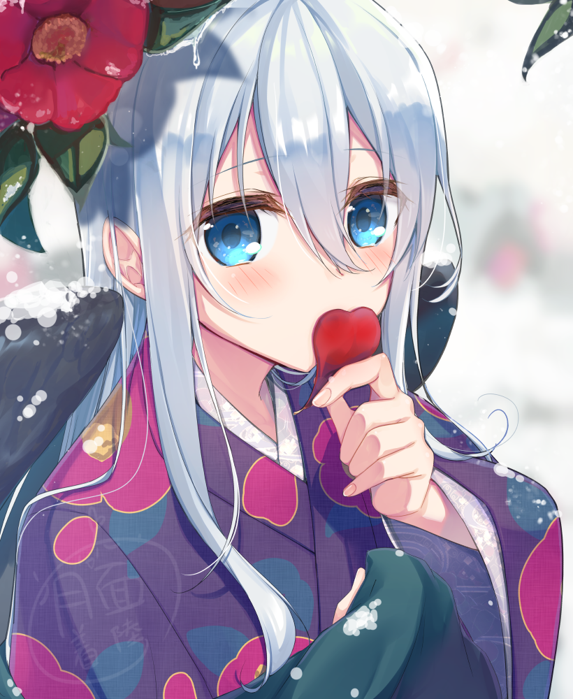 1girl, bangs, blue_eyes, blurry, blurry_background, blush, commentary_request, covered_mouth