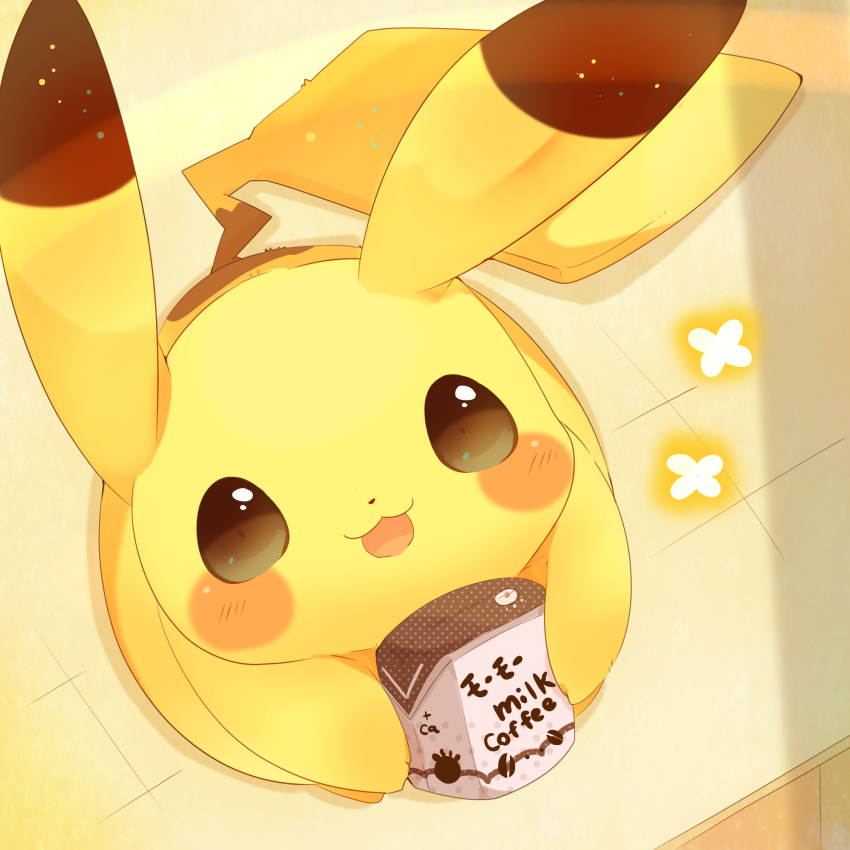 :3, blush_stickers, brown_eyes, coffee_milk, commentary_request, drink, from_above, gen_1_pokemon