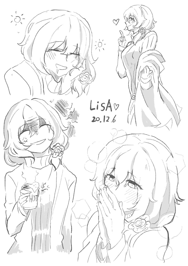 1girl, alternate_costume, anger_vein, cup, flower, genshin_impact, hair_between_eyes, hair_flower