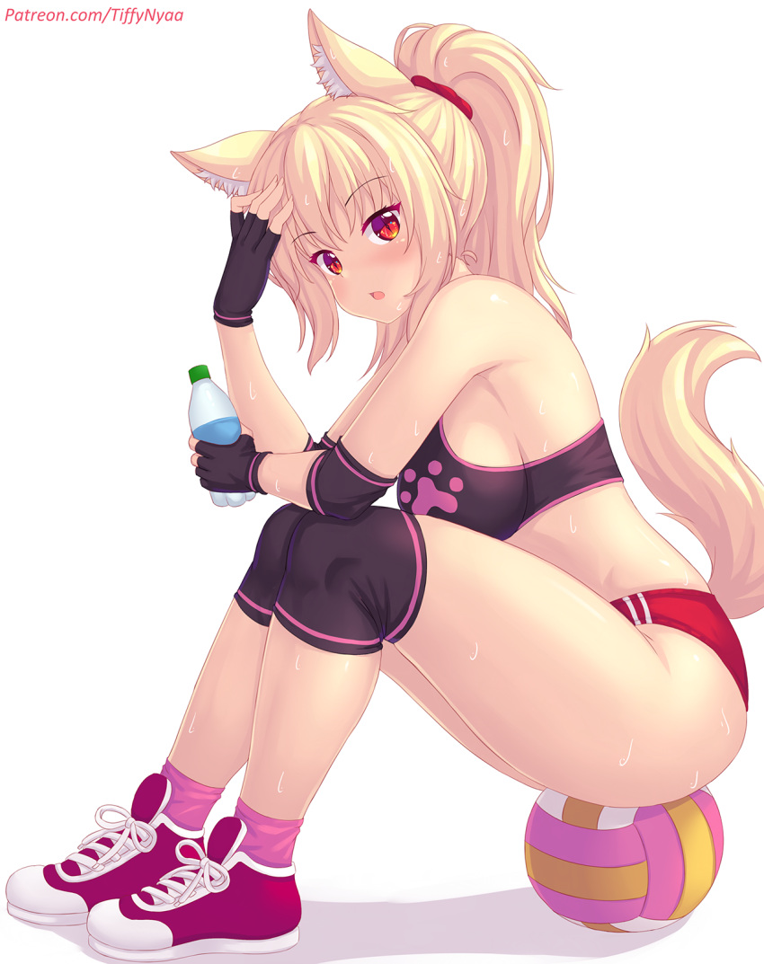 1girl, animal_ears, armpits, bare_shoulders, black_gloves, blonde_hair, bottle, breasts