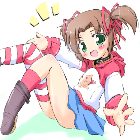 blush, bow, brown_hair, green_eyes, hair_bow, kojima_tsuma, lowres, miniskirt