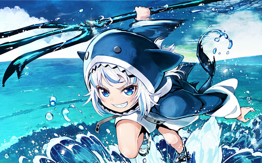 1girl, animal_hood, bare_legs, blue_eyes, blue_footwear, blue_hair, blue_hoodie, blue_sky