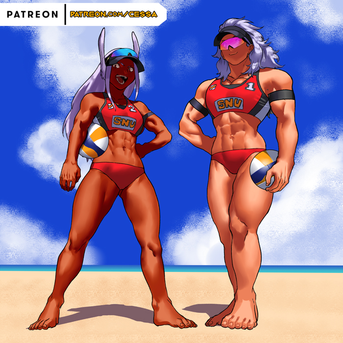 2girls, abs, animal_ears, ball, beach, biceps, bikini, blue_sky