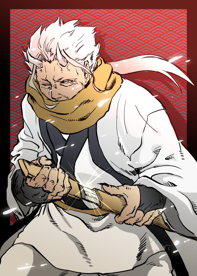 1boy, facing_viewer, glint, hakurou_(tensei_shitara_slime_datta_ken), horns, long_hair, old, old_man