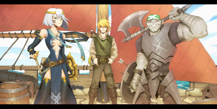 absurdres, armor, bandana, blonde_hair, blue_eyes, boat, brown_eyes, captain_gnish