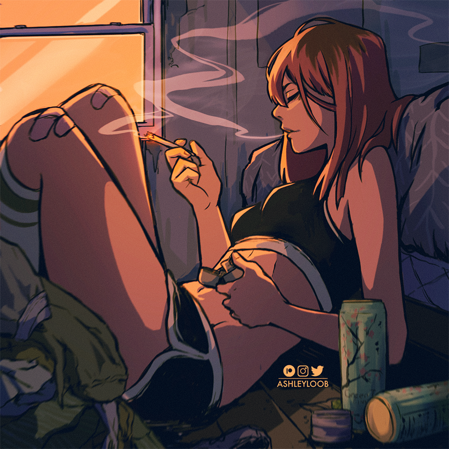 1girl, arizona_(drink), artist_name, ashleyloob, bandaid, bandaid_on_knee, bed, bra