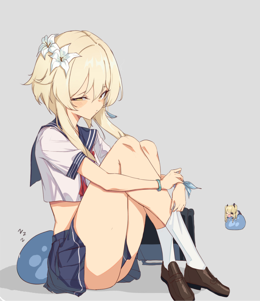 1girl, alternate_costume, ass, blonde_hair, blue_skirt, bracelet, brown_footwear, chibi