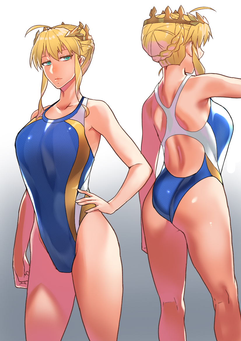1girl, artoria_pendragon_(all), artoria_pendragon_(lancer), ass, back, bangs, bare_shoulders, blonde_hair