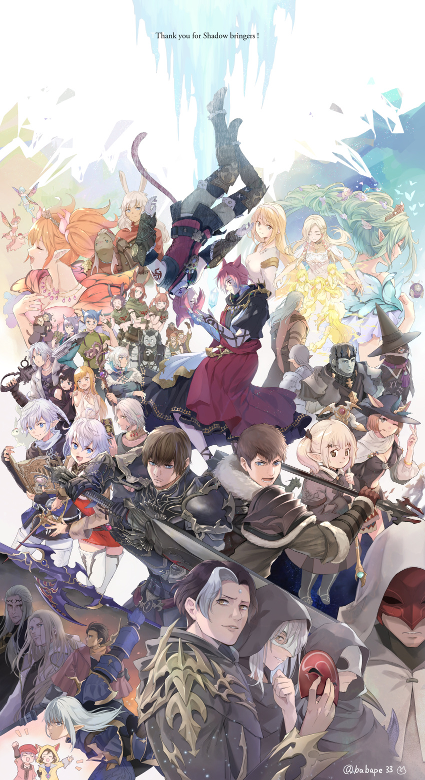 absurdres, alisaie_leveilleur, alphinaud_leveilleur, animal_ears, ardbert_(ff14), armor, axe, babape
