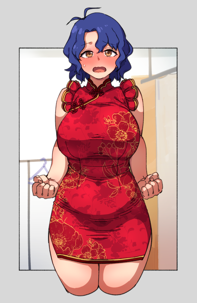 1girl, antenna_hair, blue_hair, blush, breasts, brown_eyes, china_dress, chinese_clothes