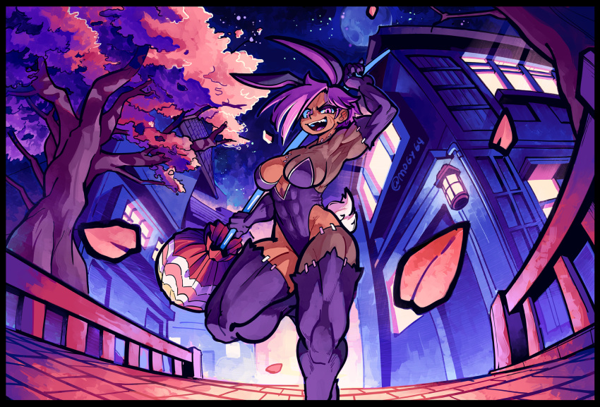 1girl, abs, animal_ears, arm_up, armpits, black_leotard, borrowed_character, breasts, bunny_tail, colored_skin, commission, foot_out_of_frame, glowing, green_skin, highleg, highleg_leotard, highres, holding, lantern, large_breasts, leg_up, leotard, mogy64, multicolored, multicolored_skin, naeru_(mrolasv), night, original, outdoors, petals, pink_eyes, pink_hair, playboy_bunny, rabbit_ears, short_hair, sky, solo, star_(sky), starry_sky, stitches, strapless, strapless_leotard, tail, tree, two-tone_skin, window