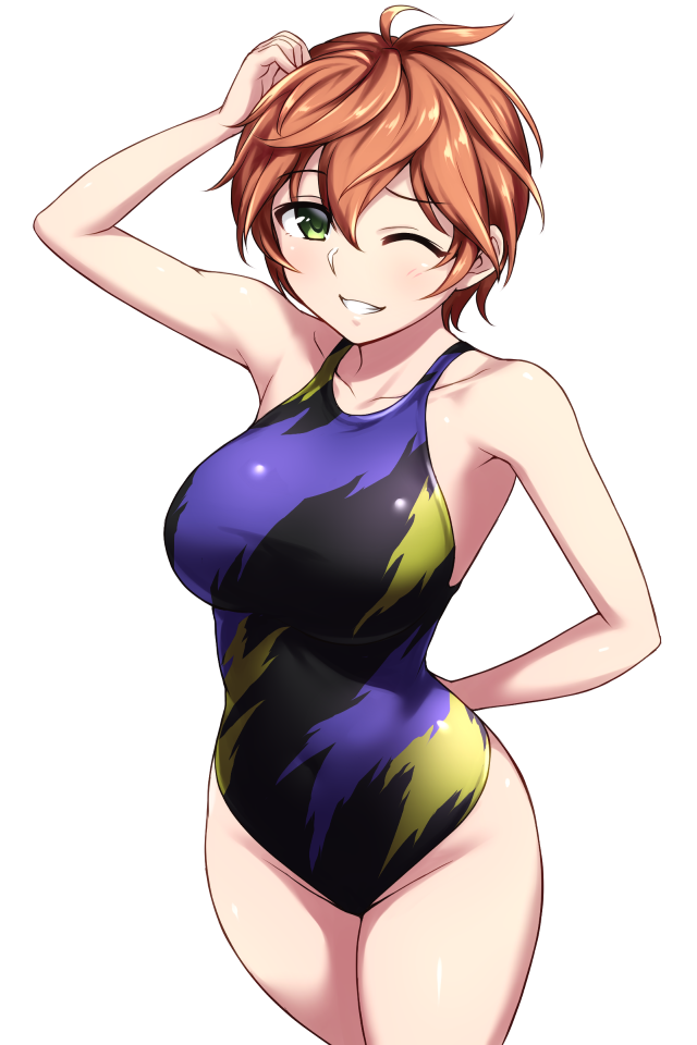 1girl, arm_behind_back, black_swimsuit, brown_hair, commentary_request, competition_swimsuit, cowboy_shot, green_eyes