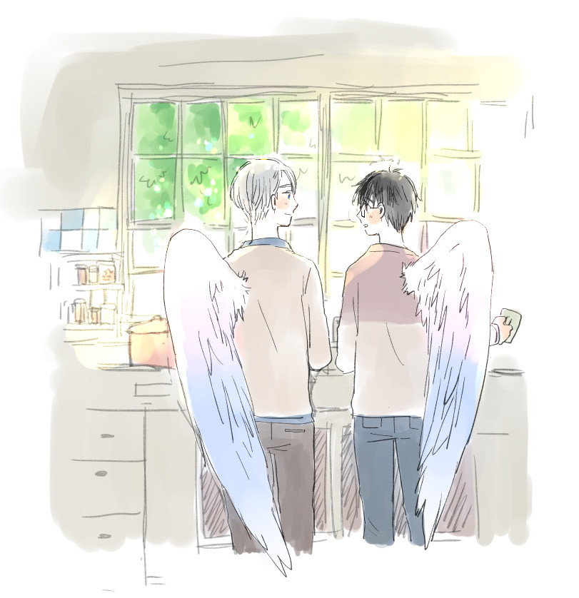 2boys, backlighting, beige_shirt, black_hair, blue_eyes, blush_stickers, border, brown_eyes