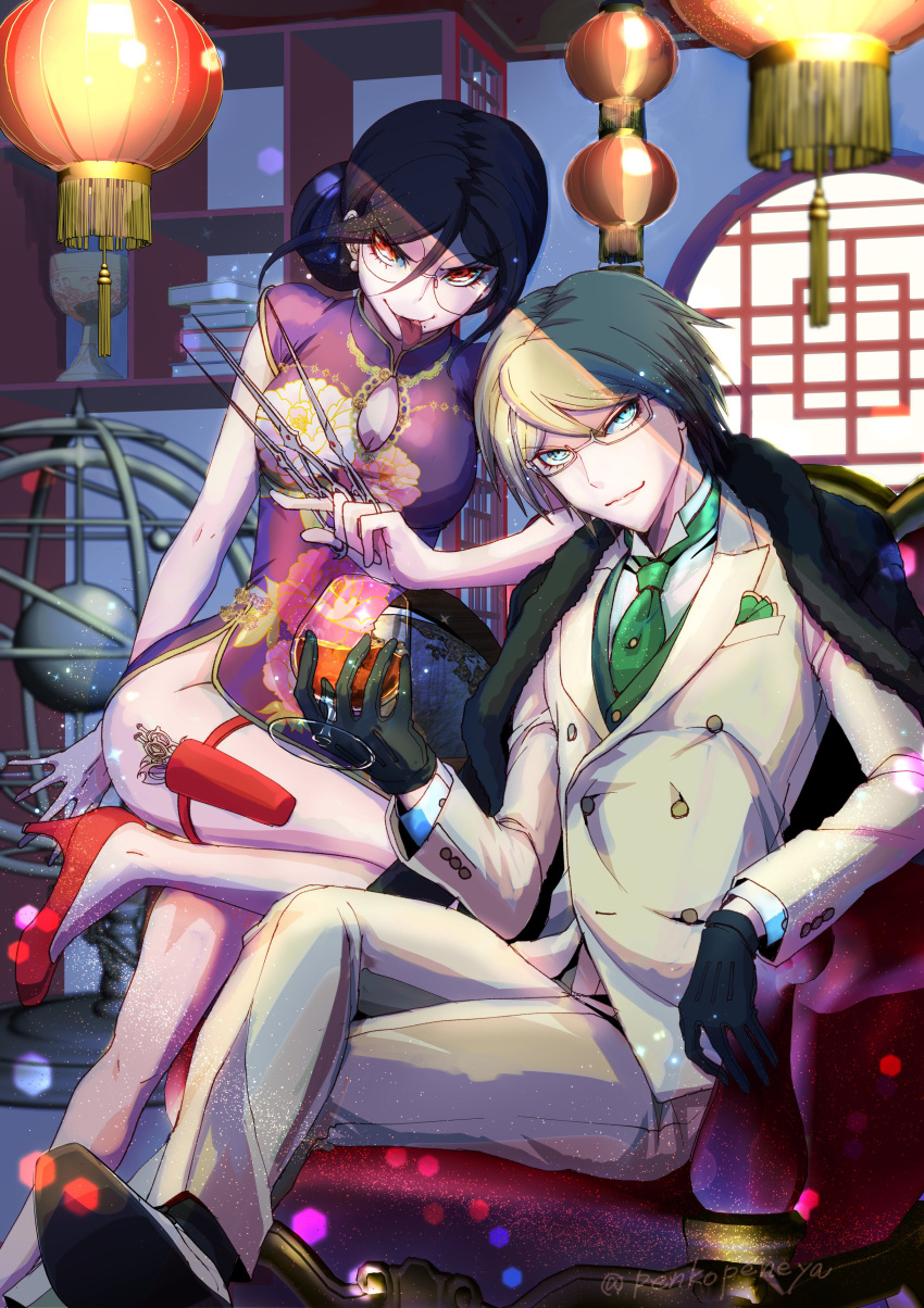 1boy, 1girl, absurdres, alternate_hairstyle, architecture, bare_arms, black_footwear, black_gloves