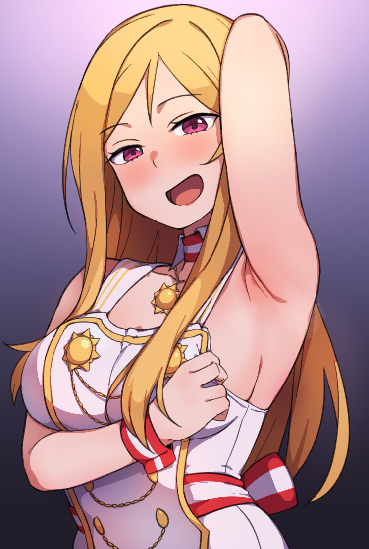 1girl, :d, armpits, black_background, blonde_hair, breasts, commentary_request, detached_collar