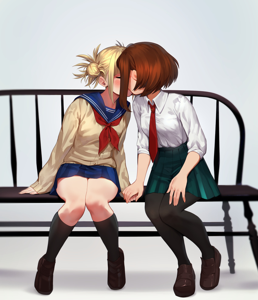 2girls, bench, black_legwear, blue_sailor_collar, blue_skirt, boku_no_hero_academia, brown_footwear, brown_hair