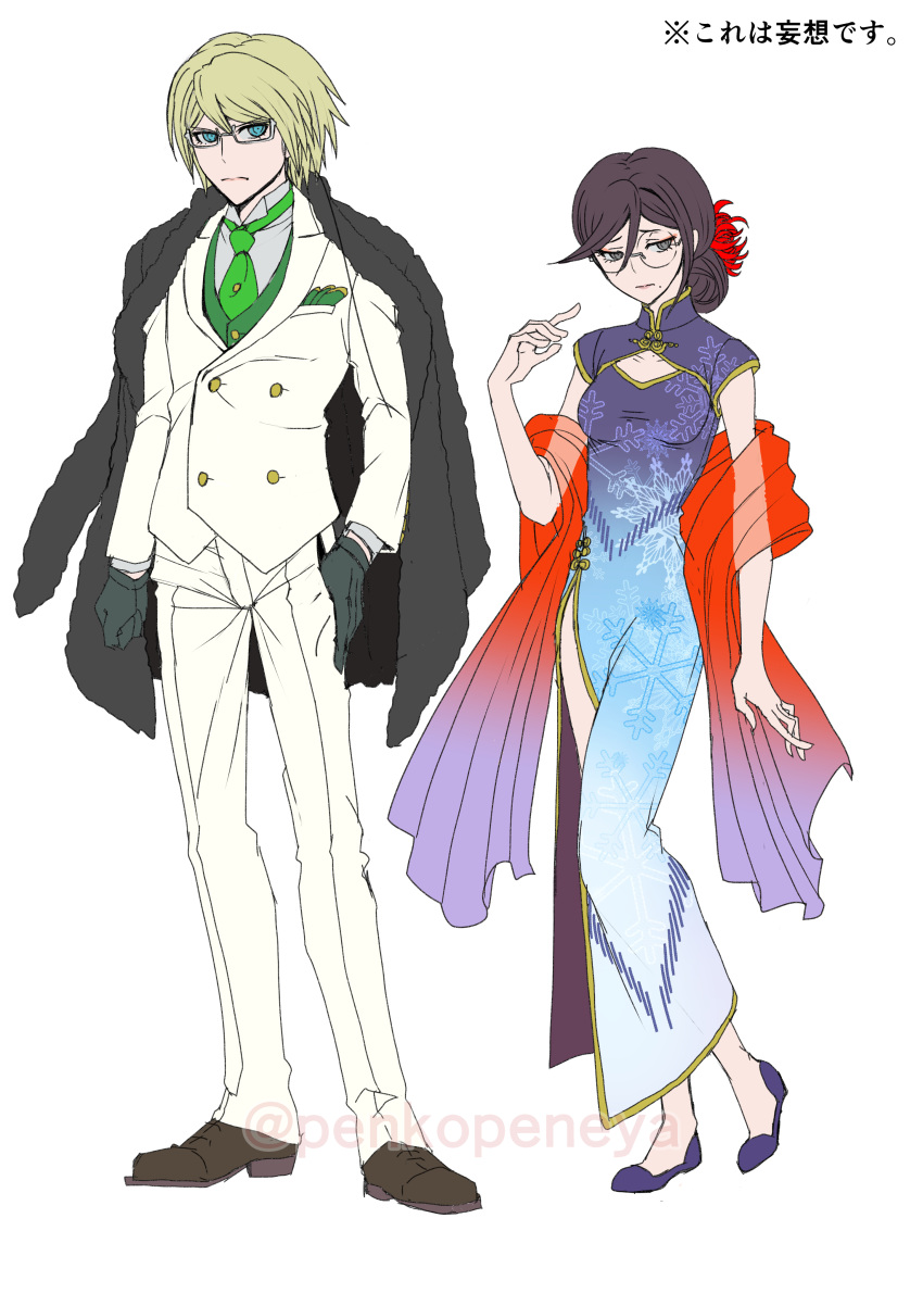 1boy, 1girl, absurdres, alternate_costume, bangs, black_gloves, blonde_hair, blue_dress