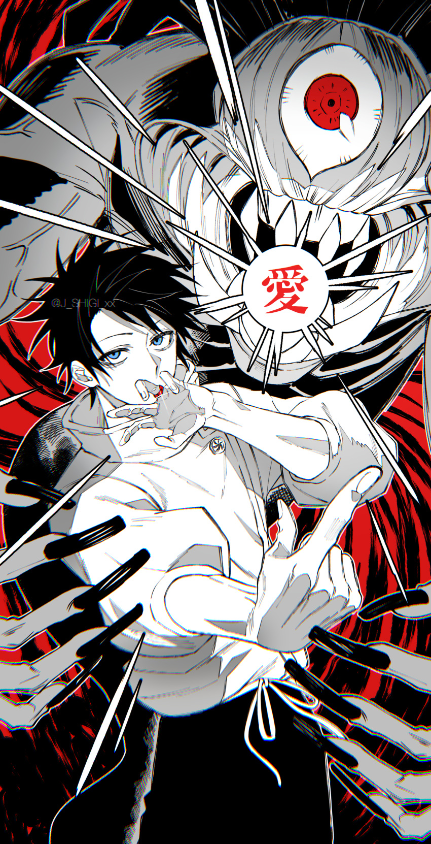 1boy, absurdres, bangs, blue_eyes, cowboy_shot, fingernails, go_(roku), greyscale, hand_up, high_collar, highres, jacket, jewelry, jujutsu_kaisen, kanji, long_fingernails, looking_at_viewer, monochrome, monster, okkotsu_yuuta, one-eyed, open_mouth, orimoto_rika, pants, pointing, pointing_up, red_background, red_eyes, ring, school_uniform, short_hair, spot_color, teeth, twitter_username