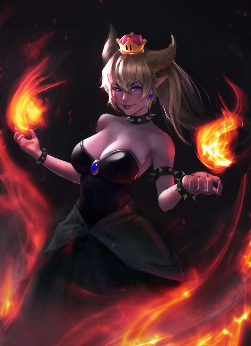 1girl, absurdres, bangs, bare_shoulders, black_collar, black_dress, blonde_hair, blue_eyes