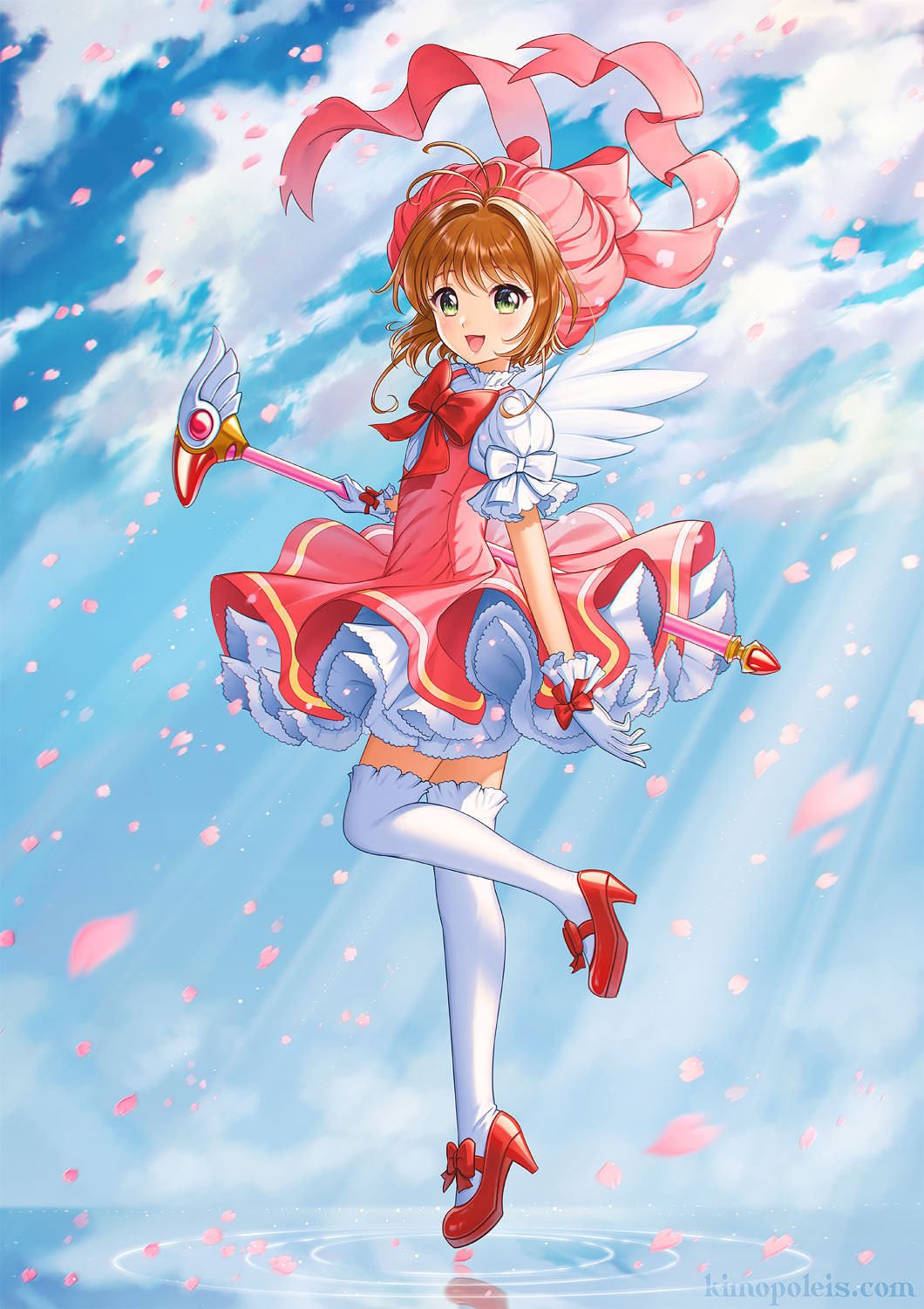 1girl, :d, ahoge, angel_wings, antenna_hair, bangs, bow, brown_hair, cardcaptor_sakura, clouds, commentary, dress, floating, floating_object, full_body, gloves, green_eyes, hair_intakes, hat, high_heels, highres, holding, holding_staff, kimopoleis, kinomoto_sakura, looking_at_viewer, open_mouth, petals, pink_dress, pink_headwear, puffy_short_sleeves, puffy_sleeves, red_bow, red_footwear, shoe_bow, shoes, short_hair, short_sleeves, sky, smile, solo, staff, thigh-highs, white_gloves, white_legwear, wings, zettai_ryouiki
