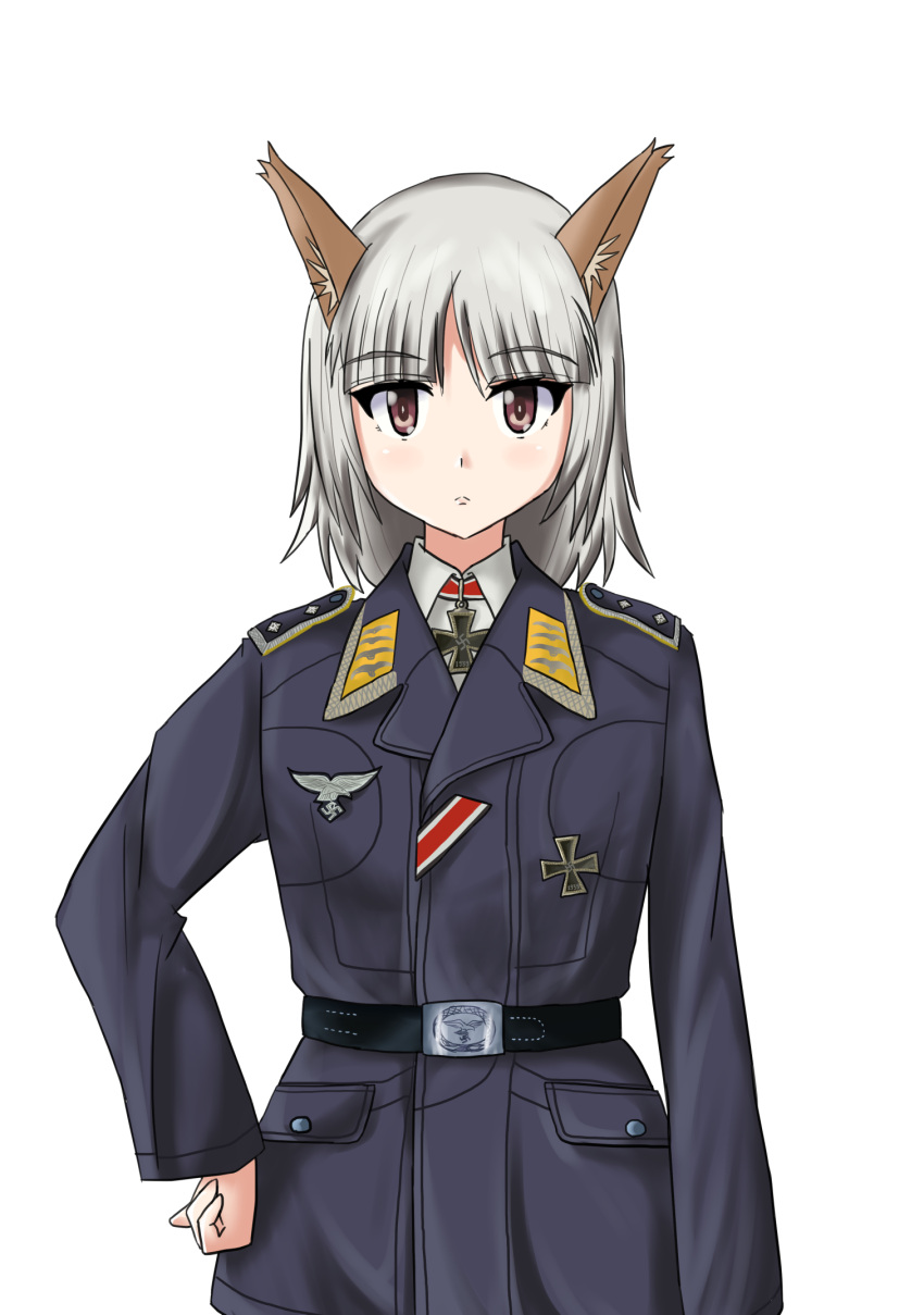 1girl, animal_ears, belt, brave_witches, edytha_rossmann, fox_ears, highres, insignia, iron_cross, luftwaffe, medal, military, military_uniform, red_eyes, swastika, uniform, user_wheh8572, white_hair, world_witches_series