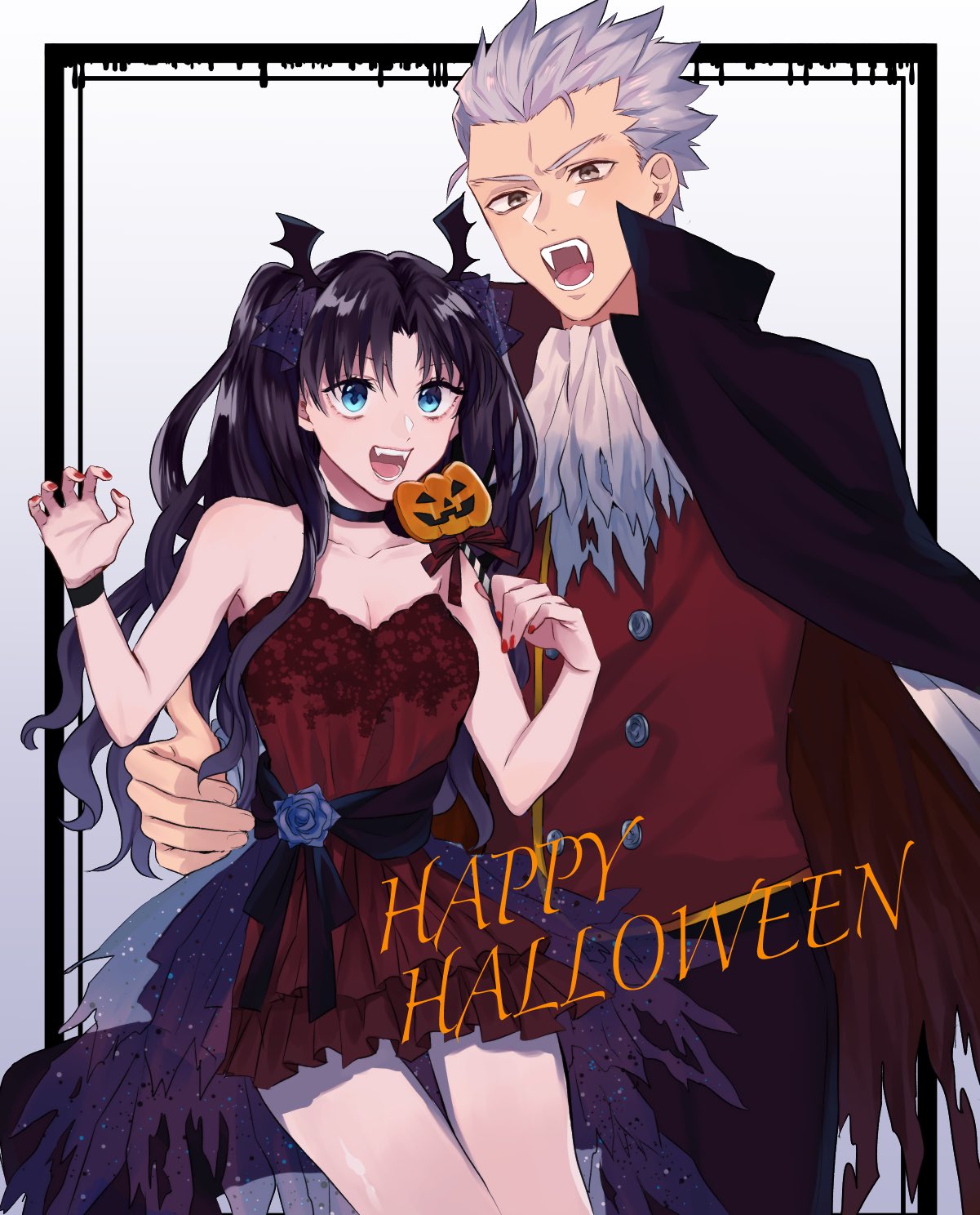 1boy, 1girl, archer, bangs, bat_hair_ornament, black_hair, black_ribbon, blue_eyes, blue_flower, cape, choker, collarbone, commentary_request, cowboy_shot, dark_skin, dress, fangs, fate/stay_night, fate_(series), flower, grey_hair, hair_ornament, halloween, halloween_costume, hand_on_hip, hands_up, highres, hover_hand, jack-o'-lantern, long_hair, looking_at_viewer, nail_polish, open_mouth, red_cape, red_dress, red_nails, red_vest, ribbon, shimatori_(sanyyyy), tohsaka_rin, torn_cape, torn_clothes, two-sided_cape, two-sided_fabric, two_side_up, vampire_costume, vest, white_background