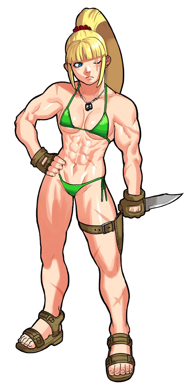 1girl, abs, bangs, bikini, blonde_hair, blue_eyes, blunt_bangs, cessa
