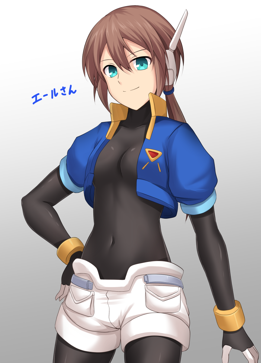 1girl, aile_(rockman), bangs, black_gloves, blue_jacket, bodystocking, bracelet, breasts