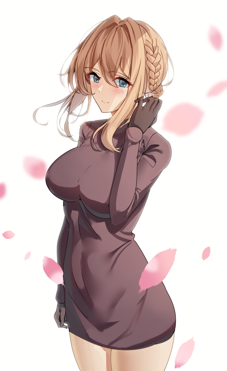 1girl, arm_up, blonde_hair, blue_eyes, blush, braid, breasts, brown_gloves