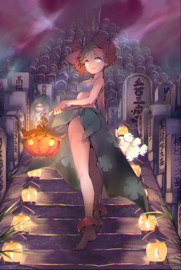1girl, anklet, barefoot, brown_hair, commentary_request, elite_four, floral_print, from_below