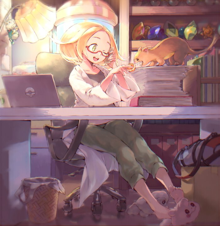 1girl, bag, barefoot, bianca_(pokemon), blonde_hair, capri_pants, chair, coat