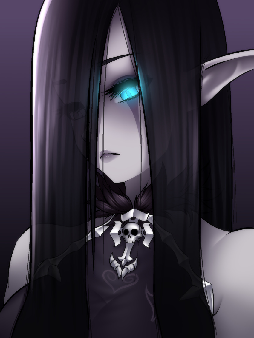 1girl, aqua_eyes, banshee_(monster_girl_encyclopedia), bare_shoulders, black_hair, breasts, eyebrows_visible_through_hair, eyes_visible_through_hair